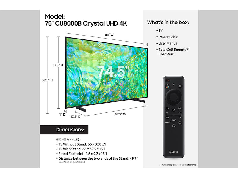 Téléviseur Samsung Crystal UHD 75” – Modèle U8000FD